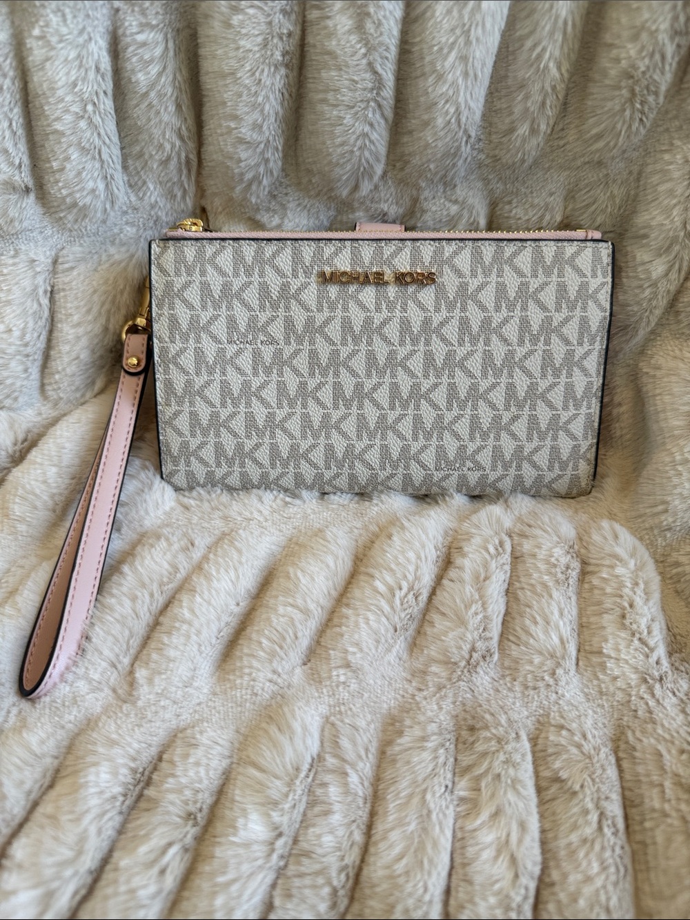 Michael Kors Beige Signature MK Wristlet with Pink Trim